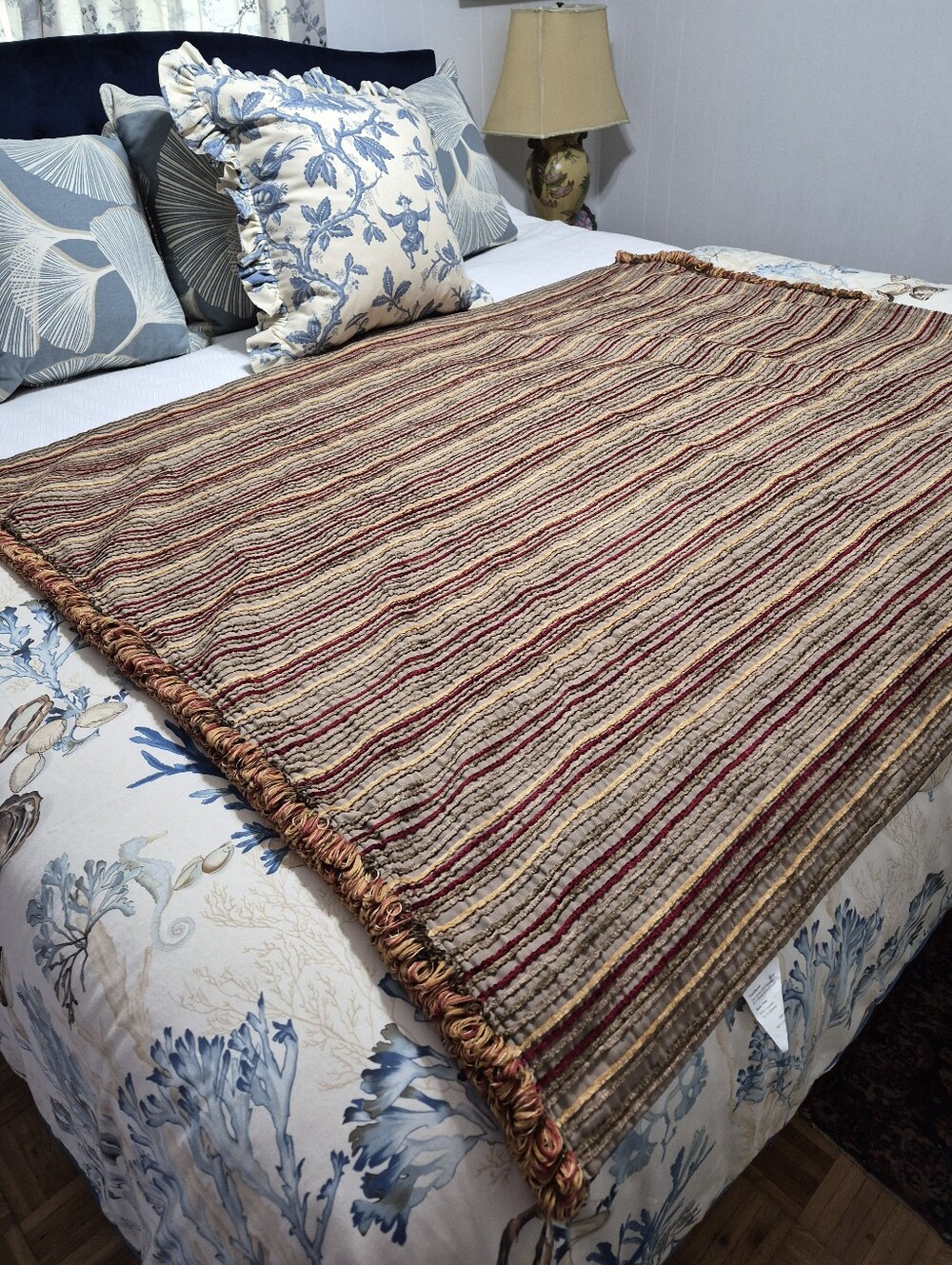 Bombay Company Vintage Red Green Velvet Chenille Satin Lined Throw Blanket